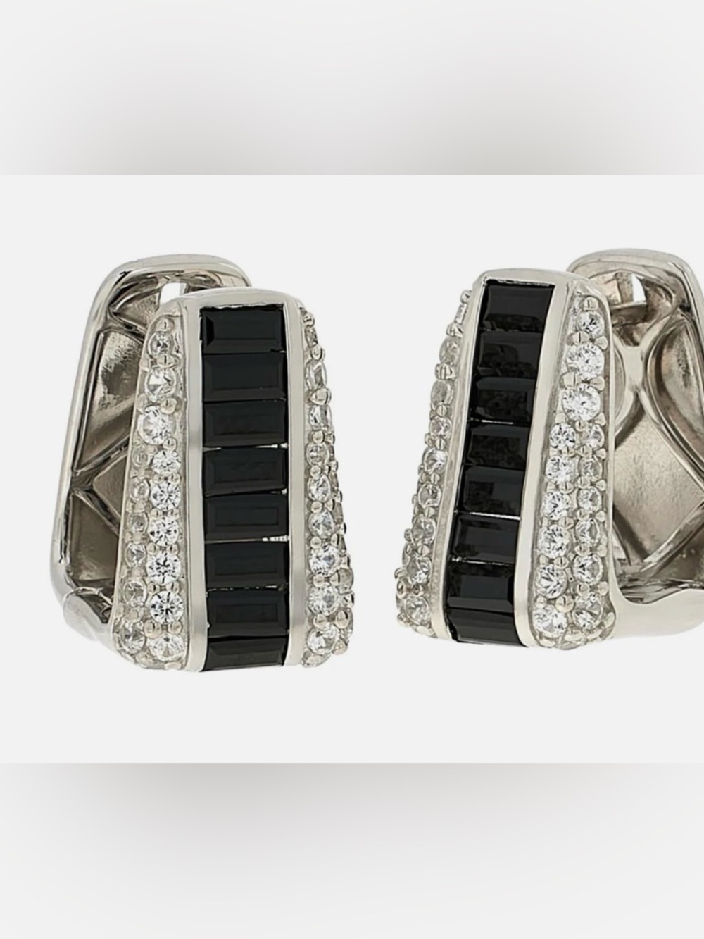 Colleen Lopez Sterling Silver Baguette Black Spinel Huggie Hoops Earrings.